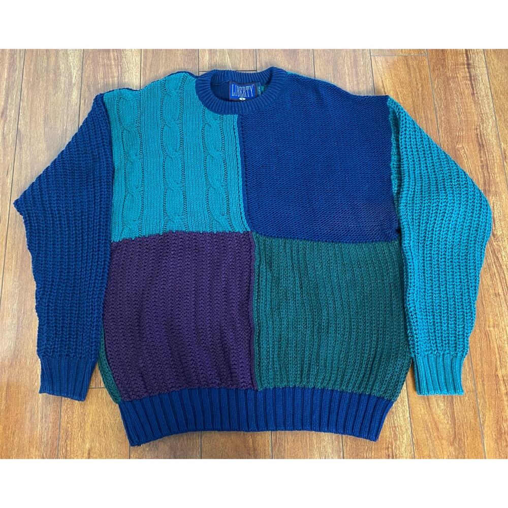 VTG 90s Men Liberty USA cotton colorblock patchwork crewneck pullover sweater L